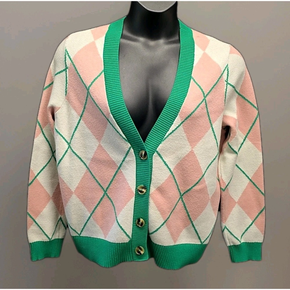 Torrid Argyle Cardigan Sweater Pink Green Preppy Button Front sz 0